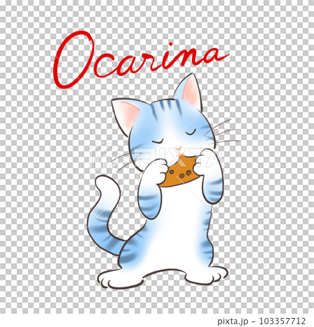 Illustration of a cat happily blowing an ocarina 103357712