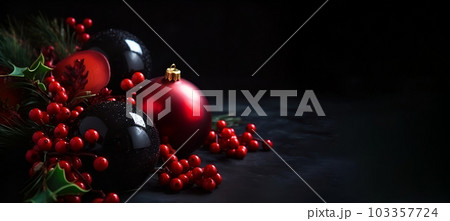 Christmas greeting card with red glass balls on black. Generative AI. 103357724