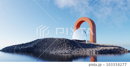 3d render Surreal green shaggy surface Grassland mountain landscape background in minimal concept, abstract fantastic dune, panoramic, futuristic beauty meadow. copy space, blue sky and cloudy 103358277