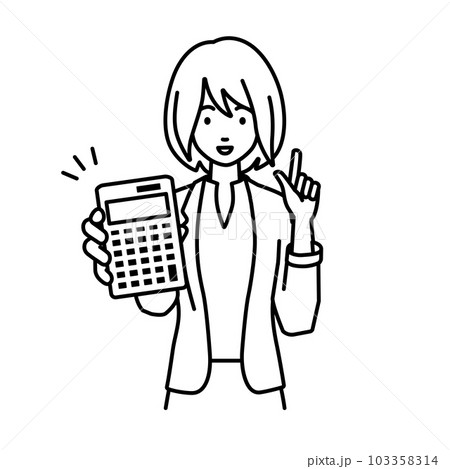 立って電卓を持ってこちらに向けて見せているジャケットの女性 立って電卓を持ってこちらに向けて見せているジャケットの女性 103358314