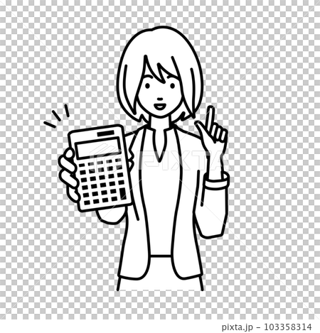 立って電卓を持ってこちらに向けて見せているジャケットの女性 立って電卓を持ってこちらに向けて見せているジャケットの女性 103358314