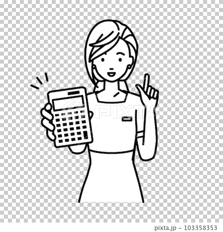 立って電卓を持ってこちらに向けて見せているエステ店員・受付・接客係の女性 立って電卓を持ってこちらに向けて見せているエステ店員・受付・接客係の女性 103358353