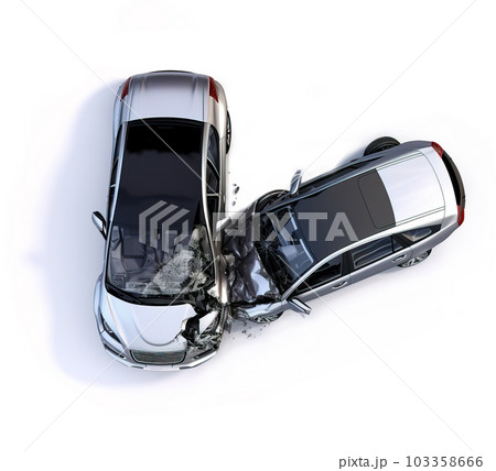Two Crashed cars in an accident. Top view. Generative A.I. Two Crashed cars in an accident. Top view. Generative A.I. 103358666