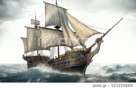 Galleon sailing in the troubled ocean. Generative A.I. 103358668