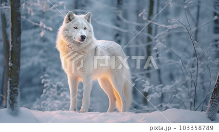 雪に覆われた森林に堂々と佇む純白の狼のイラスト素材 [103358789] - PIXTA