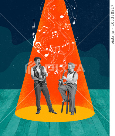 Two men, friends in retro clothes playing saxophone at stage with spotlight. Contemporary art collage. Two men, friends in retro clothes playing saxophone at stage with spotlight. Contemporary art collage. 103358817