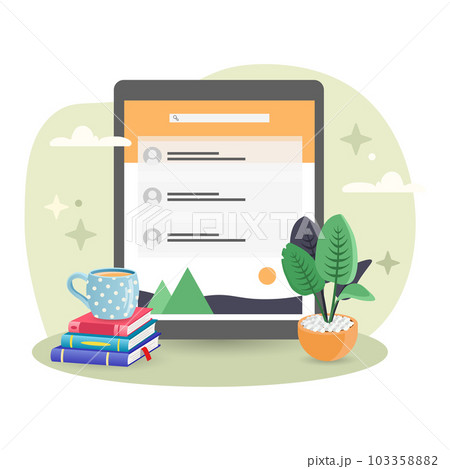 Tablet illustration. Screen, plant, books, cup. Editable vector graphic design. 103358882