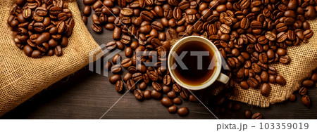 coffee mug and roasted coffee beans on wooden table, banner, made with Generative AI coffee mug and roasted coffee beans on wooden table, banner, made with Generative AI 103359019