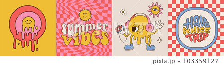 Set of groovy square cards with Melting Smiling faces with phrases - Summer vibes, Have a nice trip. Yellow groovy emoji, dripping melty funny character and lettering, 70s hippie psychedelic card Set of groovy square cards with Melting Smiling faces with phrases - Summer vibes, Have a nice trip. Yellow groovy emoji, dripping melty funny character and lettering, 70s hippie psychedelic card 103359127