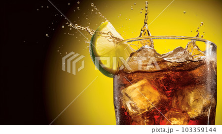 coke glass full of liquid, ice and a slice of lime with splash. Generative A.I. 103359144