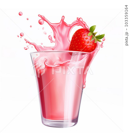 Glass of creamy strawberry milkshake with a strawberry splashing in it. Generative A.I. 103359164