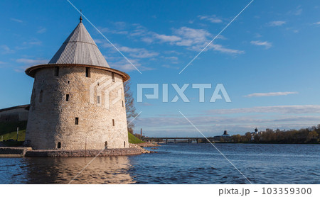 Coastal round stone tower of the Kremlin of Pskov in Russia 103359300