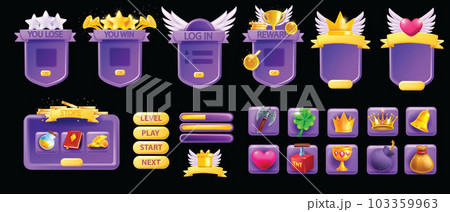3D UI game asset set, button GUI interface vector design elements, mobile video app icon menu kit.  103359963
