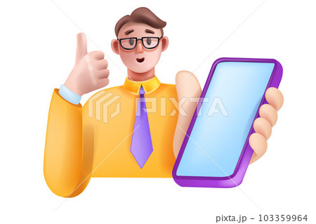 3D man hold smartphone, smiling excited cartoon vector character with phone, digital SMM manager.  103359964
