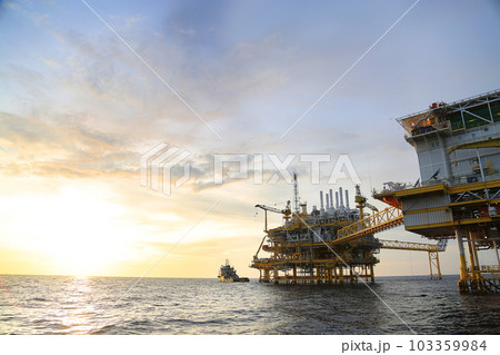 Offshore construction platform for production oil and gas. Oil and gas industry and hard work. Production platform and operation process by manual and auto function from control room. 103359984
