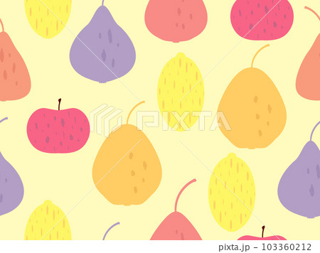 Seamless pattern with lemons, pears and apples on a yellow background. Summer fruit mix pattern. Design for printing on fabric, paper and banners. Vector illustration Seamless pattern with lemons, pears and apples on a yellow background. Summer fruit mix pattern. Design for printing on fabric, paper and banners. Vector illustration 103360212