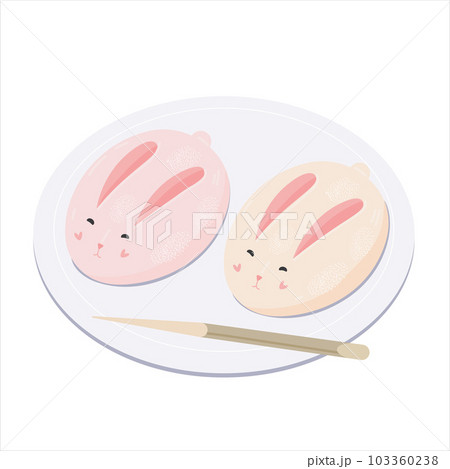 Bunny Mochi Mooncakes on plate with chopstick. Bunny Mochi Mooncakes on plate with chopstick. 103360238