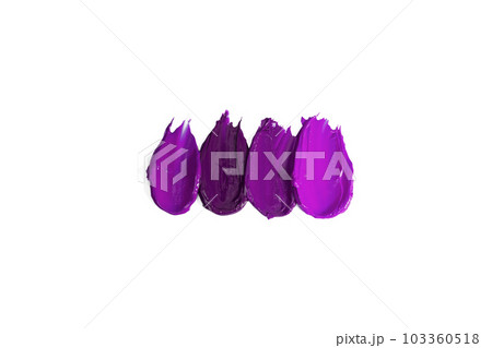 Pattern smears and textures of lipsticks or acrylic paints isolated on white background. Cream makeup texture. Bright purple color cosmetic product brush stroke swipe sample. Top view 103360518