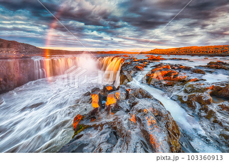 Breathtaking view of fantastic waterfall and cascades of Selfoss waterfall. Breathtaking view of fantastic waterfall and cascades of Selfoss waterfall. 103360913