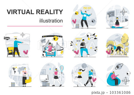 Virtual reality concept with character situations mega set. Bundle of scenes people in VR headset working, training, making research, learning in cyberspace. Vector illustrations in flat web design 103361086
