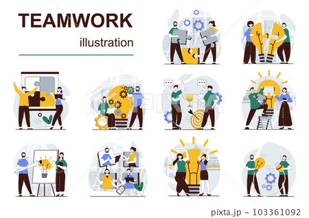 Teamwork concept with character situations mega set. Bundle of scenes people working together at projects, supporting colleagues, cooperation and partnership. Vector illustrations in flat web design Teamwork concept with character situations mega set. Bundle of scenes people working together at projects, supporting colleagues, cooperation and partnership. Vector illustrations in flat web design 103361092