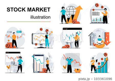 Stock market concept with character situations mega set. Bundle of scenes people analyzing market trends, research financial data, success trading on exchange. Vector illustrations in flat web design Stock market concept with character situations mega set. Bundle of scenes people analyzing market trends, research financial data, success trading on exchange. Vector illustrations in flat web design 103361096