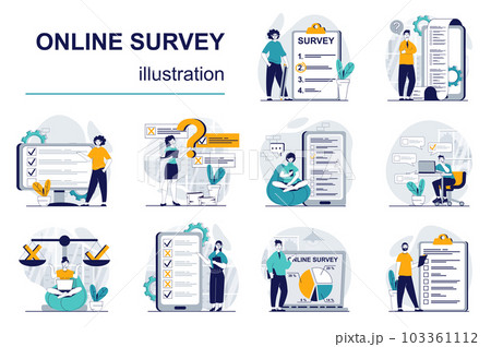 Online survey concept with character situations mega set. Bundle of scenes people giving feedback and answering in questionnaire, gilling survey list form. Vector illustrations in flat web design 103361112