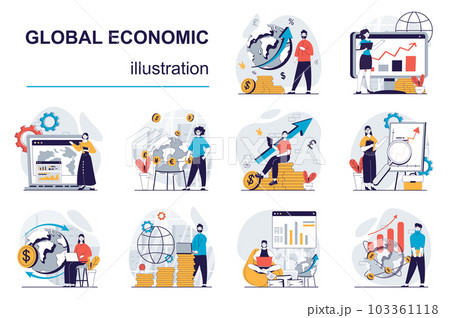 Global economic concept with character situations mega set. Bundle of scenes people analyzing worldwide market trends, making presentation, planning strategy. Vector illustrations in flat web design Global economic concept with character situations mega set. Bundle of scenes people analyzing worldwide market trends, making presentation, planning strategy. Vector illustrations in flat web design 103361118