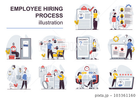 Employee hiring process concept with character situations mega set. Bundle of scenes people choosing best applicant resume to vacancy, find human resources. Vector illustrations in flat web design Employee hiring process concept with character situations mega set. Bundle of scenes people choosing best applicant resume to vacancy, find human resources. Vector illustrations in flat web design 103361160