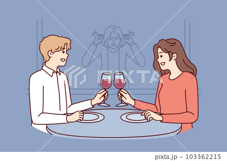 Stalker girl is watching date of former boyfriend drinking wine in restaurant with new girlfriend Stalker girl is watching date of former boyfriend drinking wine in restaurant with new girlfriend 103362215