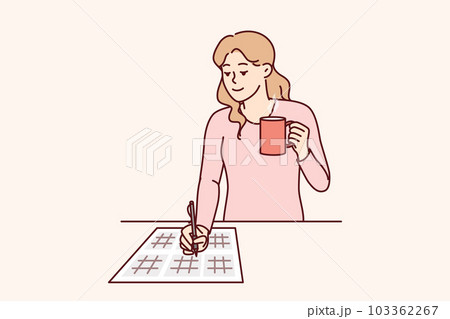 Woman solves sudoku puzzle and drinks hot tea enjoying math brain teasers demonstrates high IQ 103362267