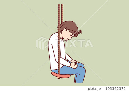 Little girl is sad sitting in swing due to lack of friends or long wait of parents from work 103362372