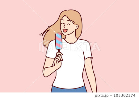 Woman eats ice cream to cool off in hot summer weather and enjoy cold sweet dessert 103362374