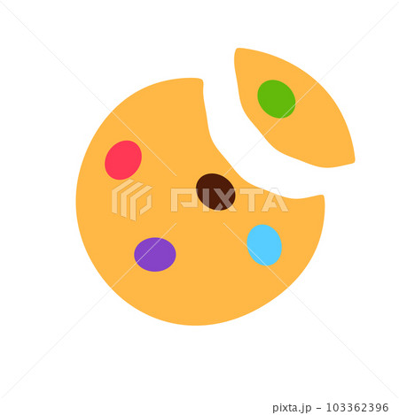Cookie with colorful candy and missing bite isolated on white background. Gourmet crispy meal sign or logo flat design. Baked wholemeal wheat broken dessert. Yummy breakfast food vector illustration. Cookie with colorful candy and missing bite isolated on white background. Gourmet crispy meal sign or logo flat design. Baked wholemeal wheat broken dessert. Yummy breakfast food vector illustration. 103362396