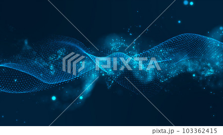 Futuristic point wave. Cyber big data flow. Blockchain data fields. Network line connect stream. Big data technology. Concept of AI technology, digital communication. 3d rendering 103362415
