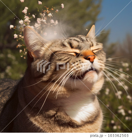 Cat sneezing after smelling flowers. Allergy metaphor with funny kitten. Generated AI. 103362503