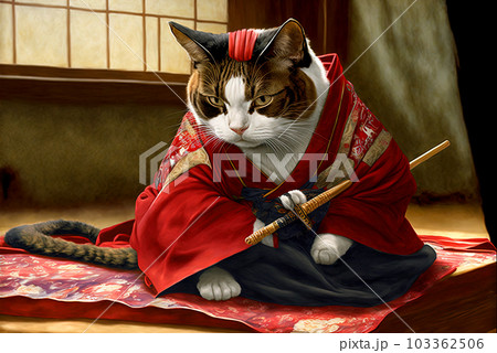 Rabbit samurai in traditional drawing style. Japanese styled art with hare warrior in kimono. Generated AI. 103362506