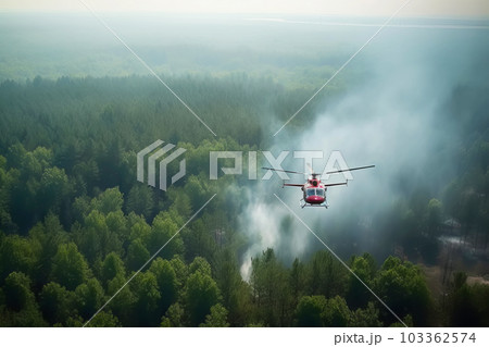 Firefighter helicopter extinguishes forest fire. Generative AI illustration Firefighter helicopter extinguishes forest fire. Generative AI illustration 103362574