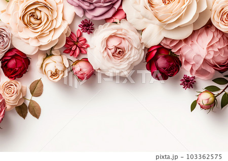 Beautiful rose flowers on white background, copy space, top view. Generative AI illustration 103362575