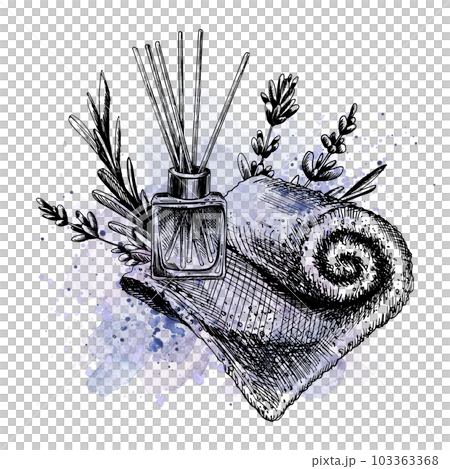 Aroma diffuser, towel with lavender flowers. Hand-drawn illustration, graphic with watercolor stains and splashes. Isolated composition on a white background 103363368