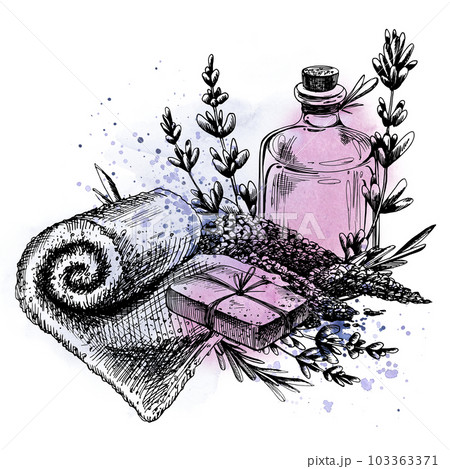 Sea bath salt, towel, soap, bottle of lavender flowers. Hand-drawn illustration, graphic with watercolor stains and splashes. Isolated composition on a white background. 103363371