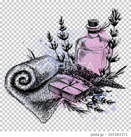 Sea bath salt, towel, soap, bottle of lavender flowers. Hand-drawn illustration, graphic with watercolor stains and splashes. Isolated composition on a white background. 103363371
