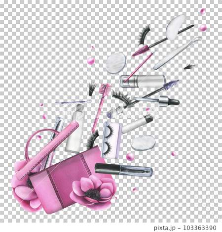 Pink cosmetic bag with anemone flowers and various decorative and skin care cosmetics. Watercolor illustration, hand drawn. Isolated composition on a white background. Pink cosmetic bag with anemone flowers and various decorative and skin care cosmetics. Watercolor illustration, hand drawn. Isolated composition on a white background. 103363390