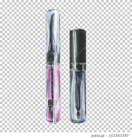 Tubes with gel for eyelashes and eyebrows with comb and brush pink and transparent. Watercolor illustration, hand drawn. Set of isolated objects on a white background. 103363397