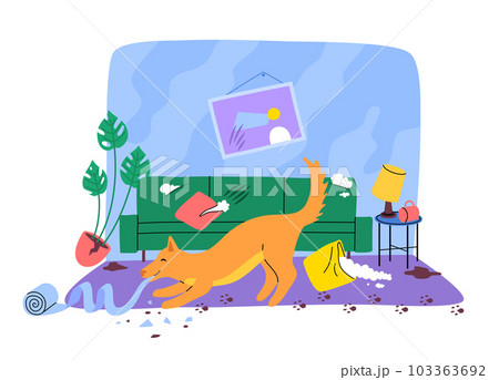 Cartoon Color Character Dog Alone at Home Destroys Room Concept Flat Design Style Interior View. Vector illustration Cartoon Color Character Dog Alone at Home Destroys Room Concept Flat Design Style Interior View. Vector illustration 103363692