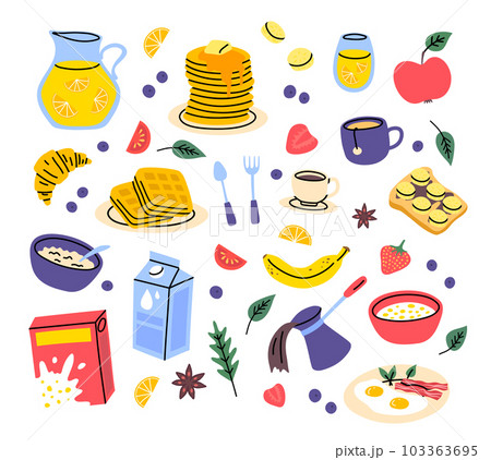 Cartoon Color Breakfast Food and Drinks Different Elements Set Concept Flat Design Style Include of Egg, Coffee, Toast, Fruit and Milk. Vector illustration 103363695