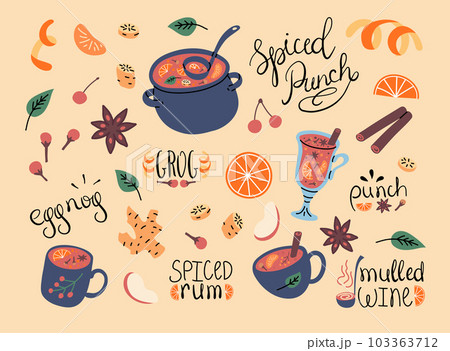 Cartoon Color Punch in Glasses and Mugs Elements Set Concept Flat Design Style Include of Cinnamon and Clove. Vector illustration 103363712