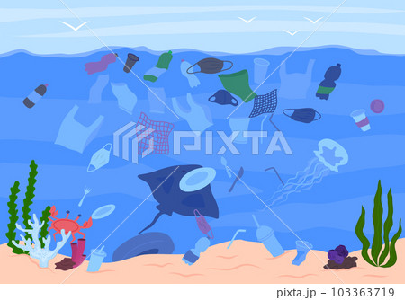 Cartoon Color Garbage in Sea Scene Concept Flat Design Style. Vector illustration of Plastic Ocean Pollution Cartoon Color Garbage in Sea Scene Concept Flat Design Style. Vector illustration of Plastic Ocean Pollution 103363719