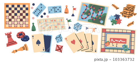 Cartoon Color Board Games Different Types Set Leisure Concept Flat Design Style Include of Domino, Chess and Puzzle. Vector illustration Cartoon Color Board Games Different Types Set Leisure Concept Flat Design Style Include of Domino, Chess and Puzzle. Vector illustration 103363732