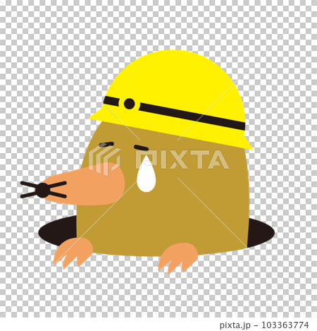 動物カラーイラスト：左向きのヘルメットをかぶったモグラ（悲しい、涙、背景白、輪郭線なし） 103363774